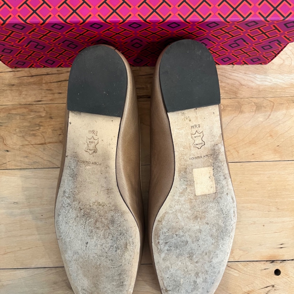Tory Burch Ines 139604 Brown Leather Square Toe Slip On Ballet Flat Womens 8.5 - Picture 3 of 4
